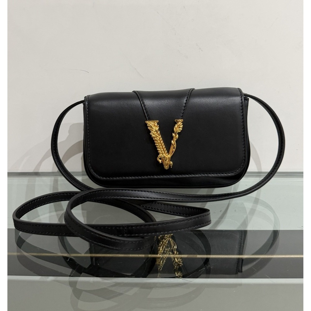 Authentic NEW VERSACE Virtus Black Leather V Logo Bag